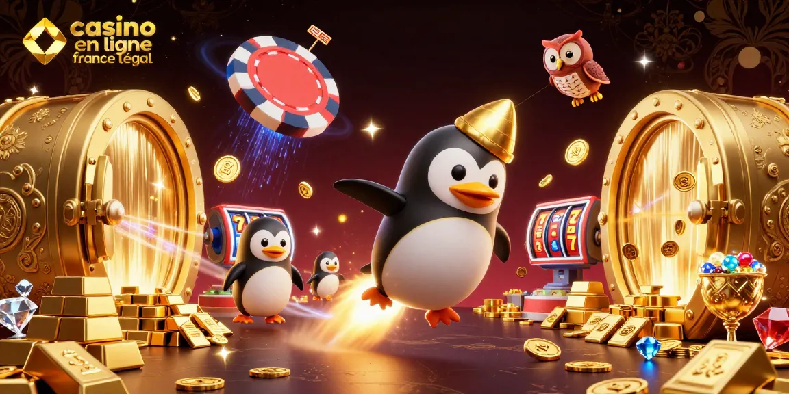 Image illustrant un casino en ligne France légal avec un pingouin doré et des éléments de jeu.