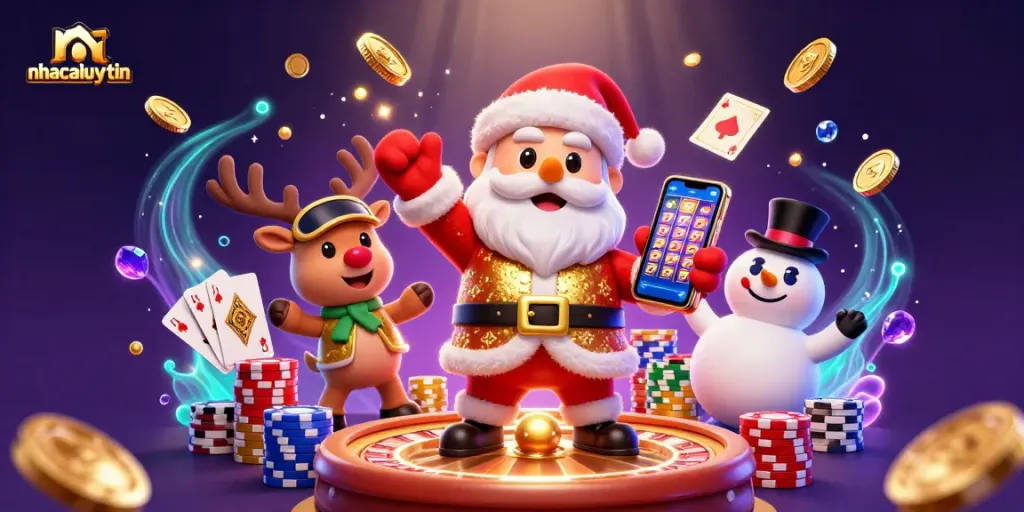 Experience the magic of gambling with nhacaiuytin, featuring Santa and friends amidst flying coins and thrilling slots.