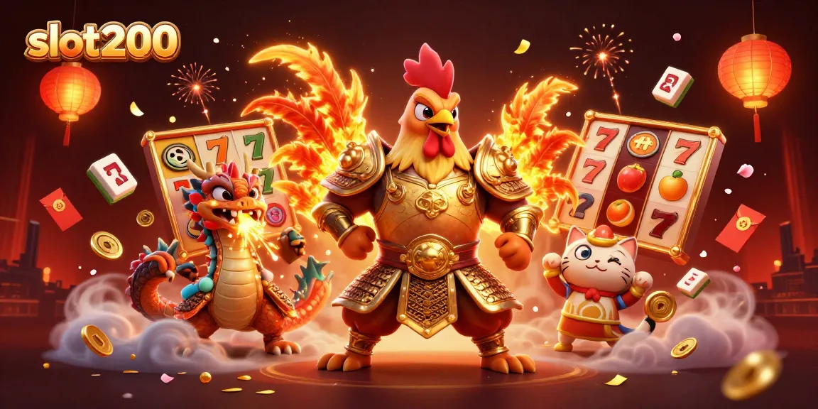 Experience slot200's thrilling slots action featuring a golden rooster warrior beside a dragon hatchling.