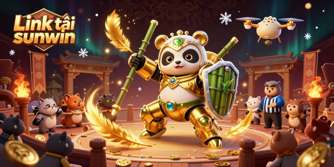 Engage in thrilling gameplay with Link tải sunwin, featuring a golden panda in a vibrant 3D casino arena.