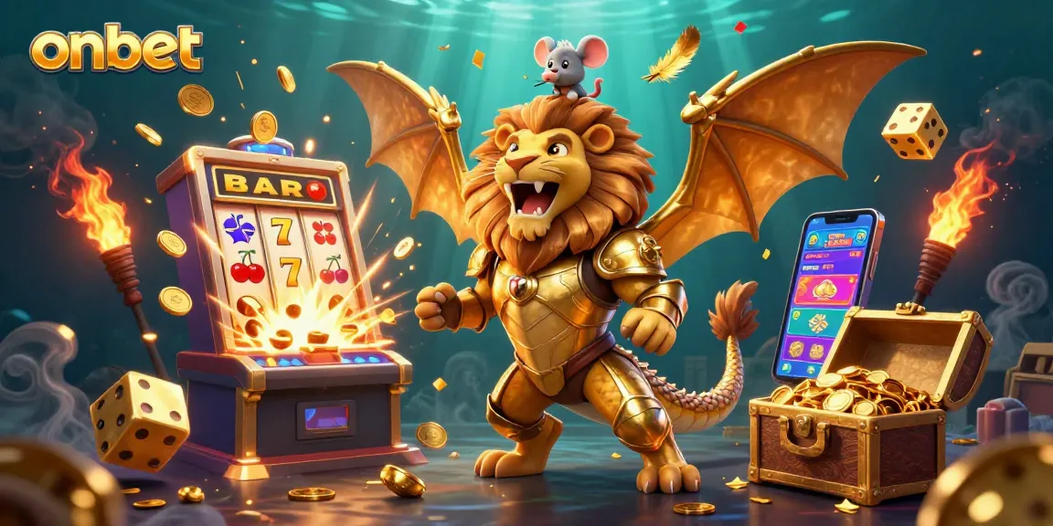 Join the excitement at onbet, where a chimera guardian defends jackpot treasures in a vibrant casino scene.