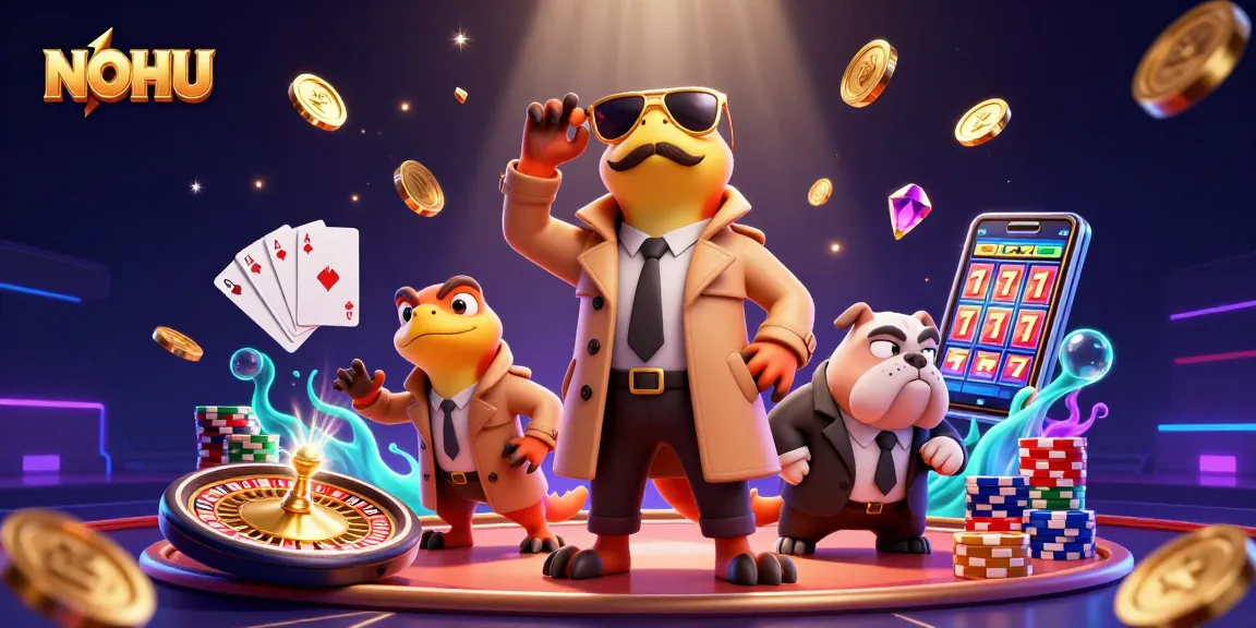 NOHU raptors entering a VIP casino with golden coins and vibrant game elements surrounding them.