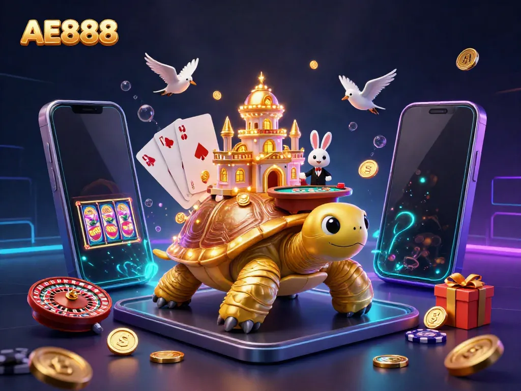 Experience exciting gaming action with AE888, featuring a vibrant casino scene with a golden tortoise and dealer.