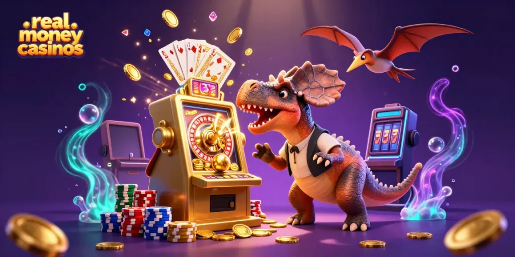 Experience real money casinos with an animated pachycephalosaurus playing a slot machine amidst flying gold coins.