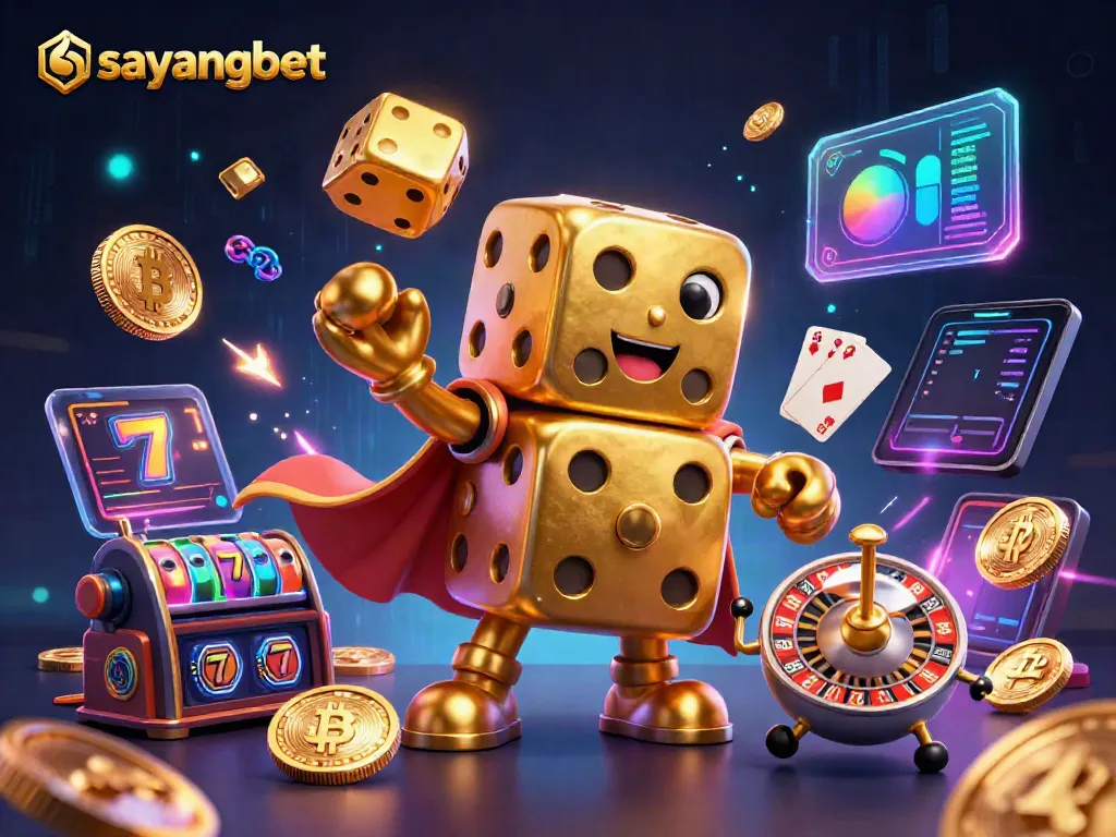 Experience thrilling gaming with sayangbet featuring a golden dice golem and slot reels.