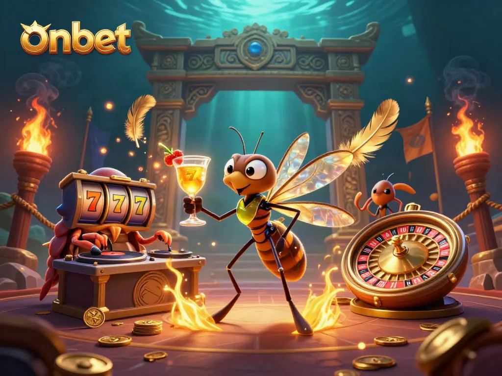 Play with onbet’s frozen mosquito mascot, trilobite DJ and golden roulette wheel in a vibrant casino scene.