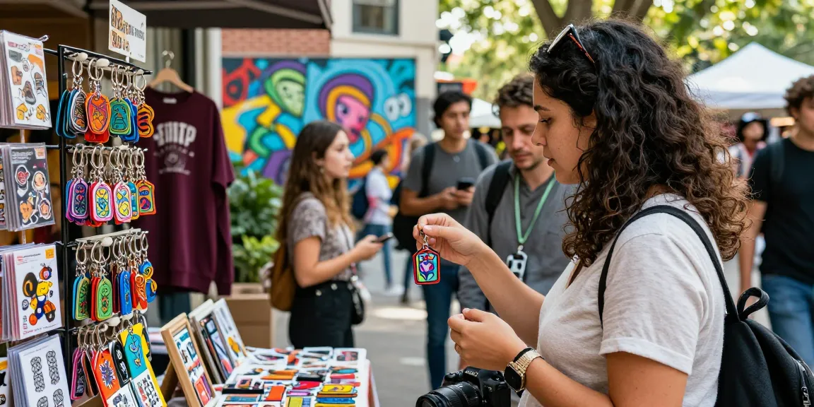 Engaged customer exploring custom Acrylic Diamond Keychain at a vibrant marketplace with colourful merchandise.