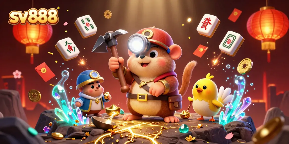Join the excitement at sv888, featuring treasure hunter mole mining gold amidst dazzling casino elements.