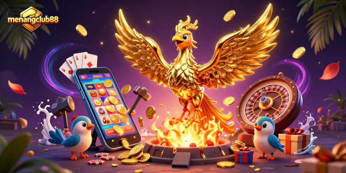 Experience the thrill of menangclub88 with an immersive gaming scene featuring a golden phoenix and smartphone games.
