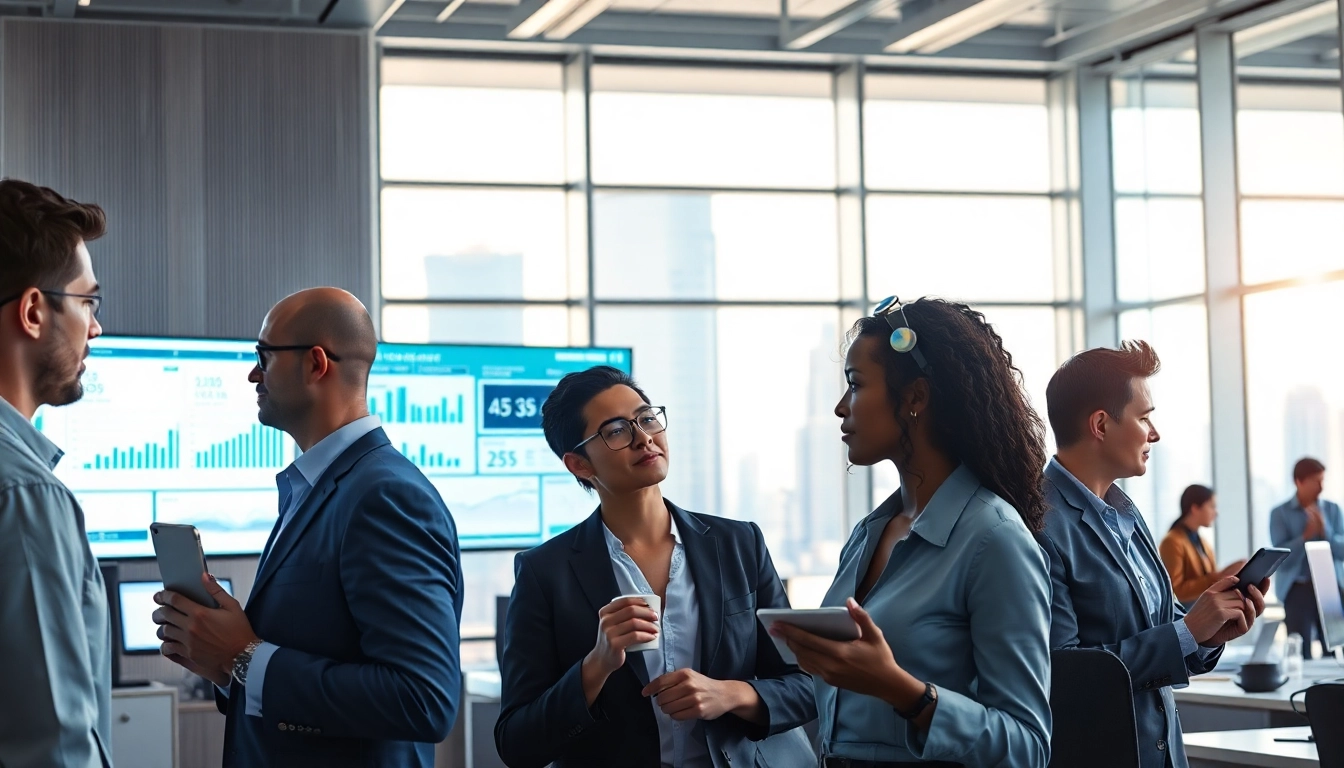 AI agents dynamically interacting in a high-tech workspace with diverse professionals.