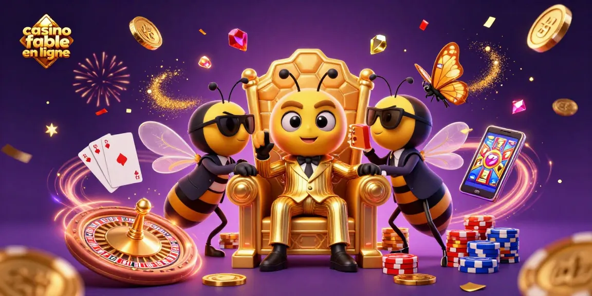 Découvrez un casino fiable en ligne animé par une abeille mob boss entourée de gardes, dans une scène festive.