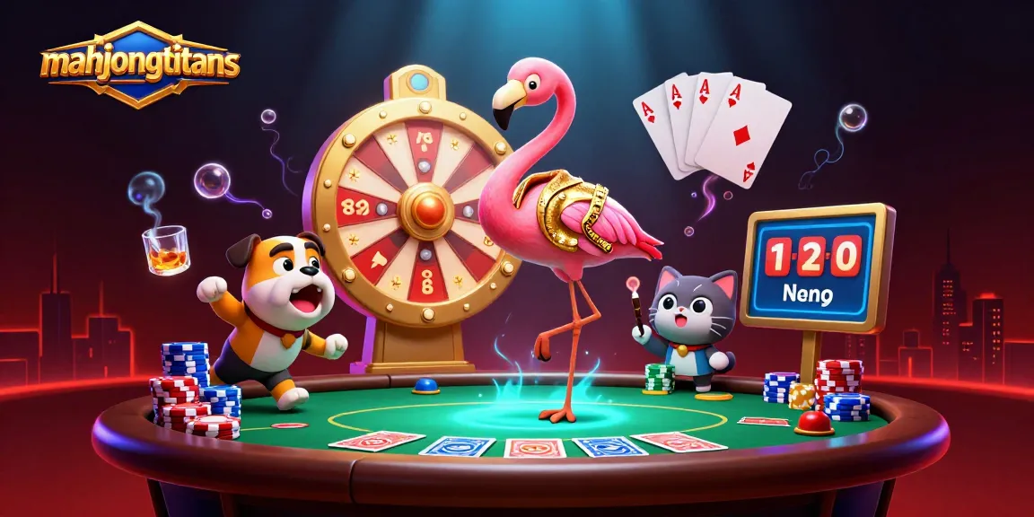 Engage in mahjongtitans gameplay excitement with a vibrant 3D scene featuring characters and poker elements.