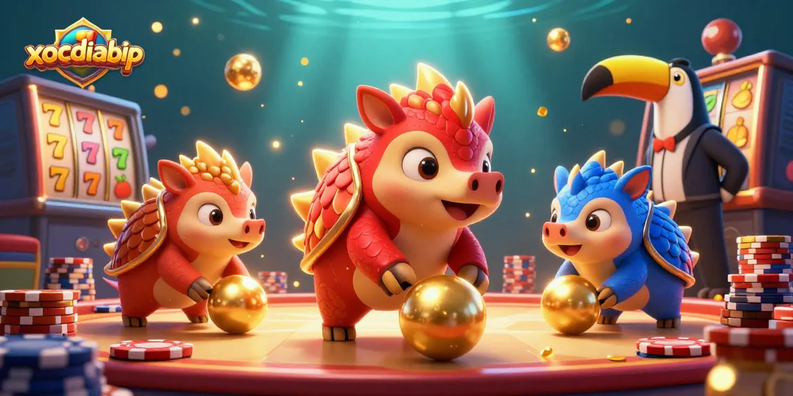 Xocdiabip showcases rival pangolins competing in a vibrant casino scene with slot elements.
