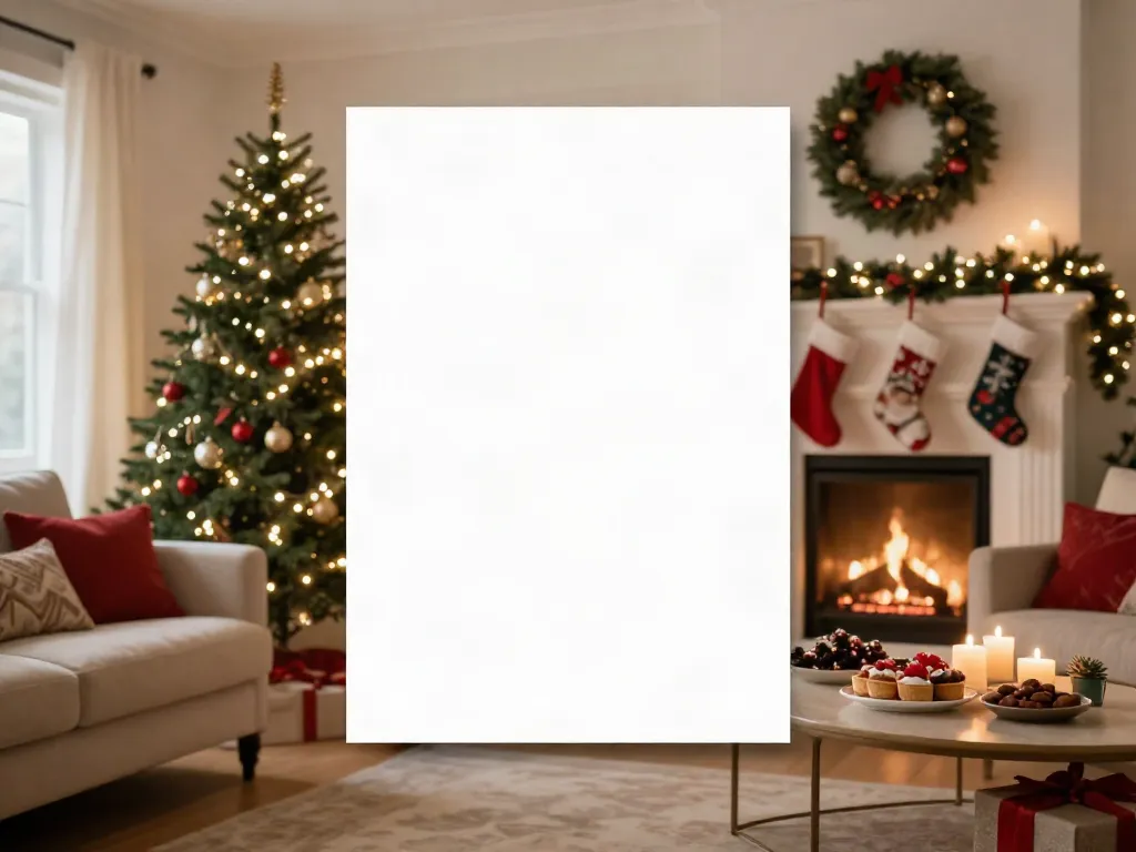 Beautiful slim Christmas tree in a cozy holiday living room setting with festive decorations.