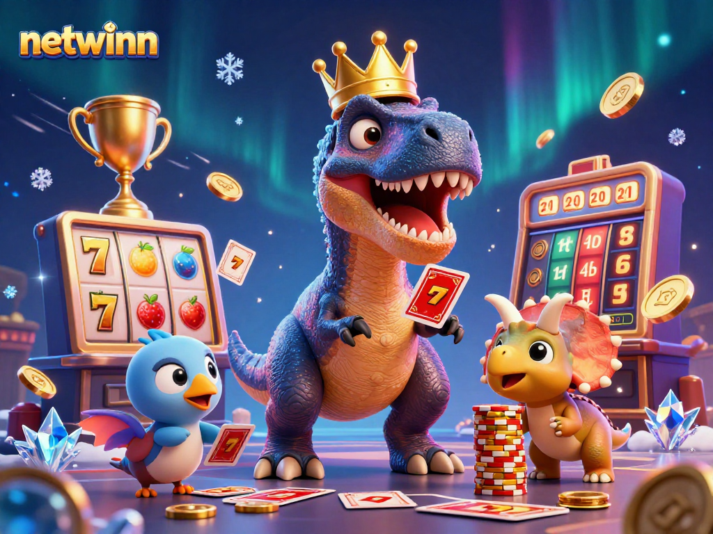 Engage with netwinn's vibrant slot adventure featuring a T-Rex shuffling cards and a triceratops stacking chips.