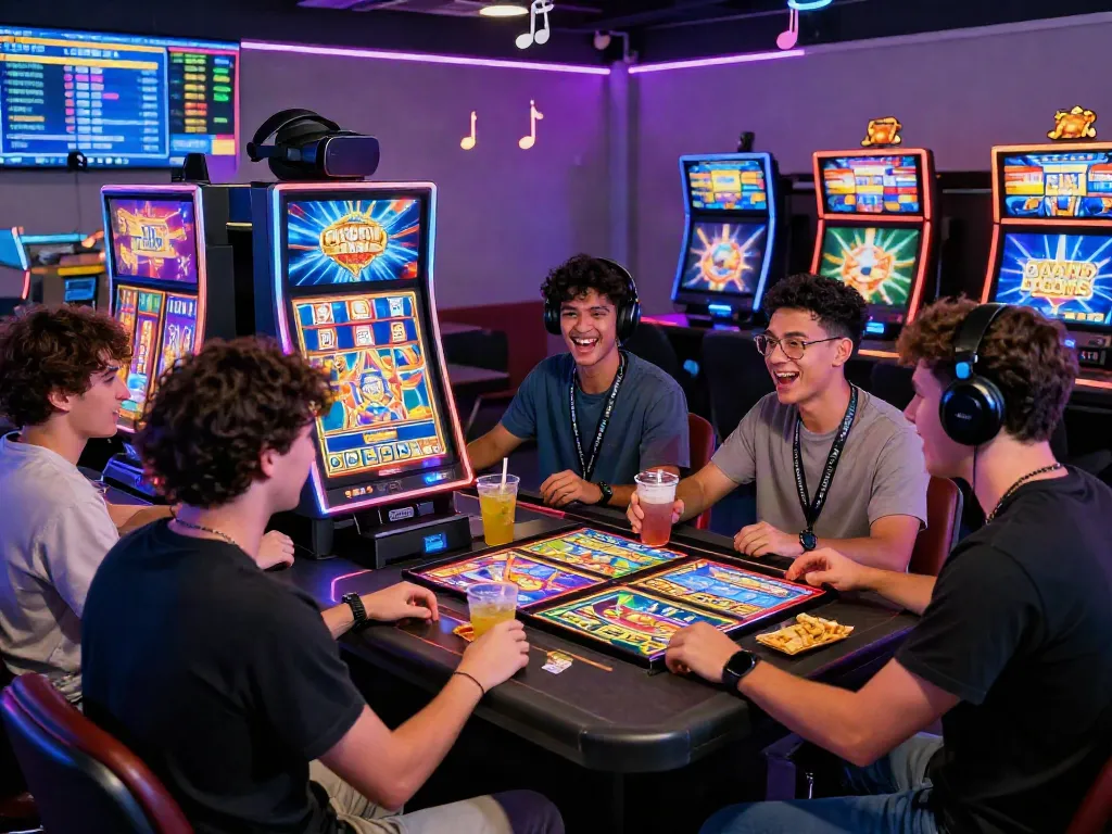Group enjoying slot gacor games at a lively online gaming table, showcasing excitement and technology.