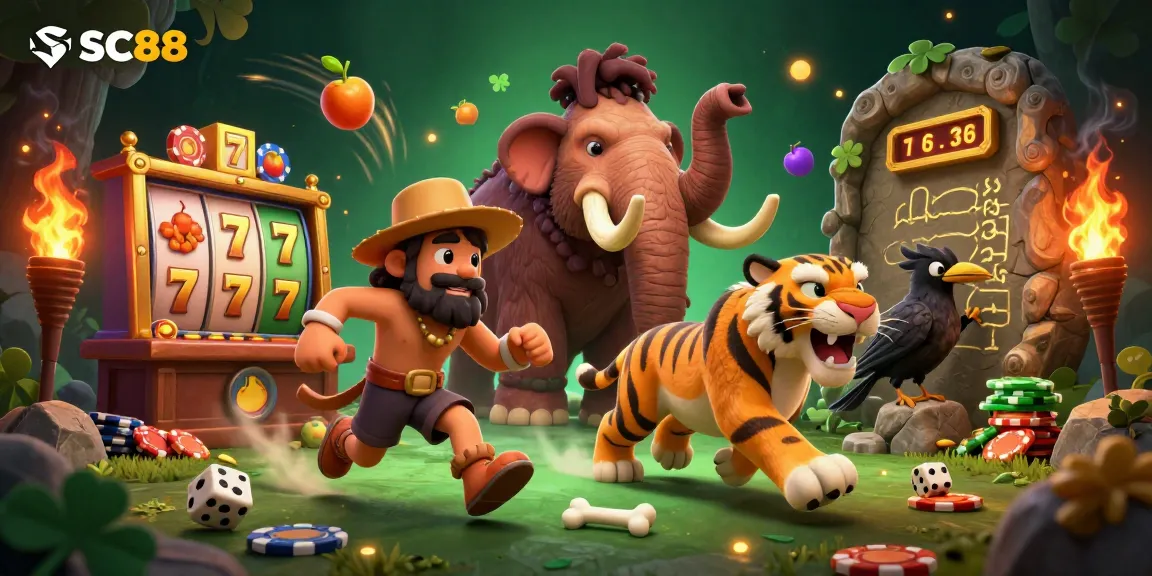 Experience the thrill of SC88 slot games with a caveman and saber-tooth duo amidst vibrant casino elements.