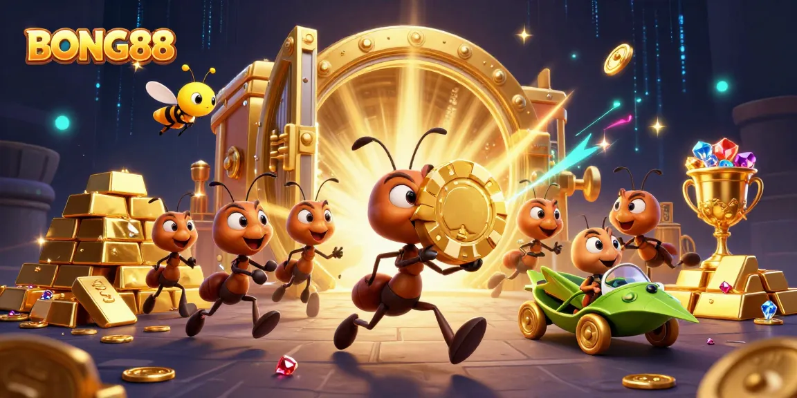 BONG88 showcases a spirited heist with ants carrying a gigantic poker chip in a vibrant casino backdrop.