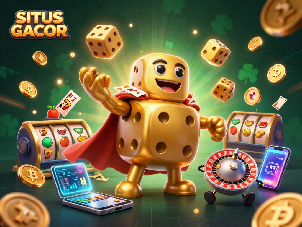 Engage with SITUS GACOR's vibrant slots and jackpot mechanics in a 3D digital casino scene.