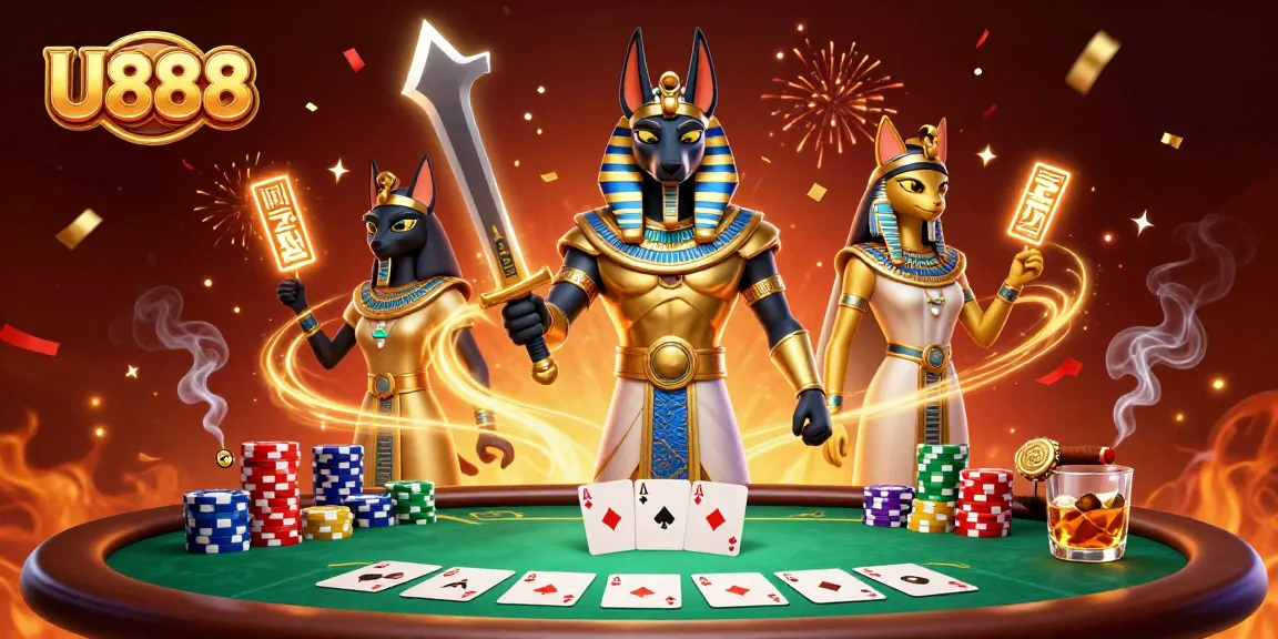 Experience thrilling poker action at U888 with Anubis and Bastet amidst vibrant casino elements.
