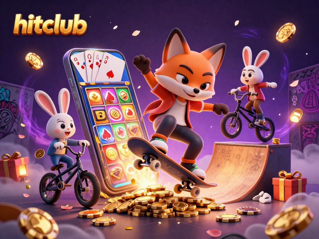 hitclub's dynamic scene features a skateboarder fox and BMX rabbit enhancing casino excitement.