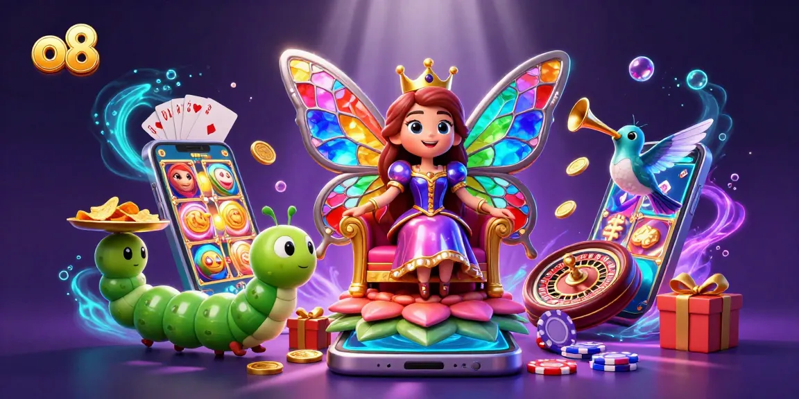 Experience exciting slots at o8 with a vibrant casino scene featuring an enchanting butterfly queen.