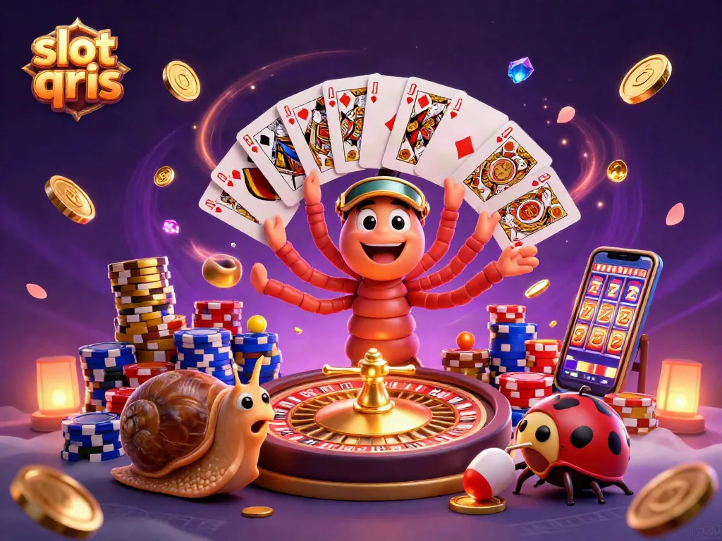 Experience slot qris excitement with cartoon characters dealing cards and vibrant casino elements.