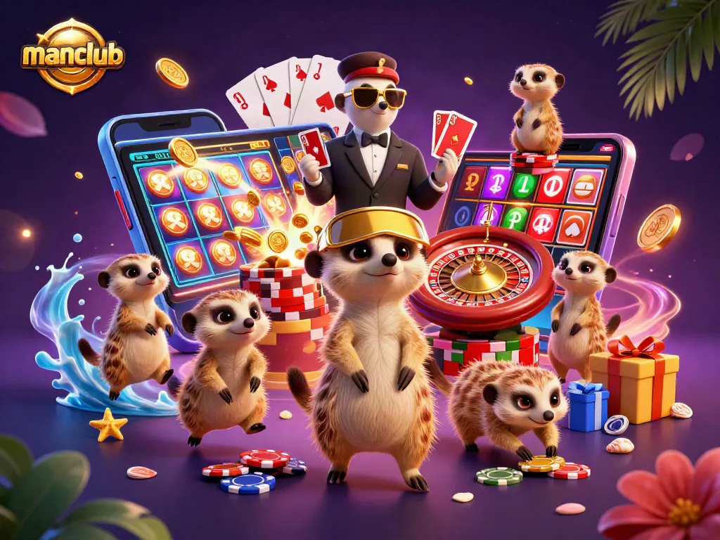 Experience gaming excitement at manclub with animated meerkats managing a vibrant casino.