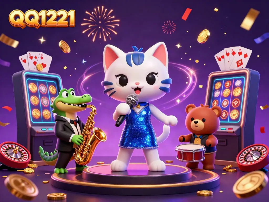 Experience the thrill of QQ1221 slots with a jazzy cat, croc, and cub in a vibrant casino.