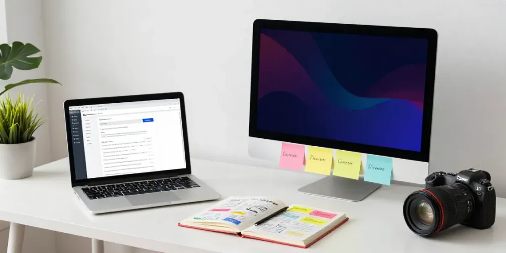 AI newsletter content from RSS feeds created in a modern workspace featuring a content strategist reviewing analytics on a laptop.