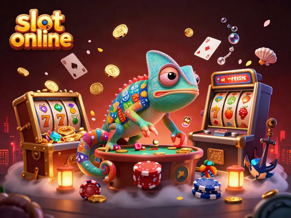 Experience thrilling slot online action with a lively chameleon casino owner in a vibrant 3D scene.