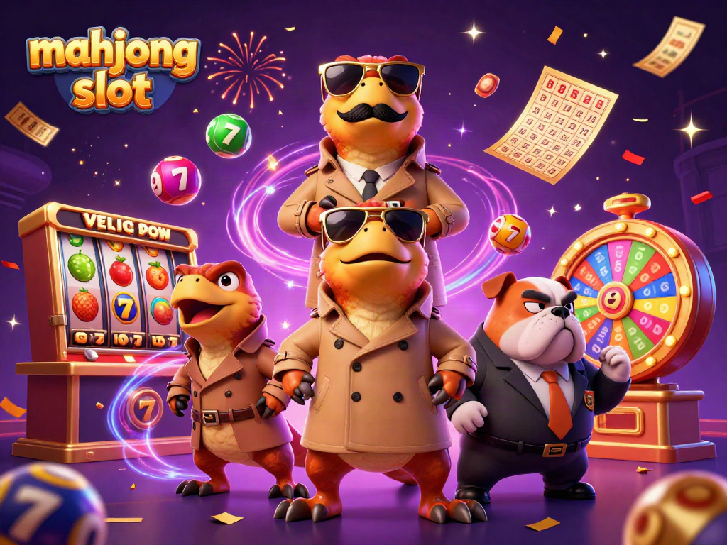Experience thrilling mahjong slot adventures with vibrant characters and casino elements in a 3D illustration.