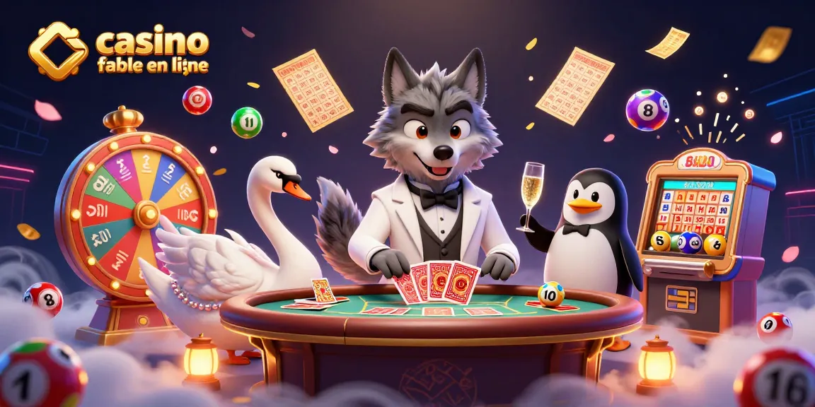 Jouez dans un casino fiable en ligne avec un loup élégamment habillé, un cygne et un pingouin sommelier autour d'une table de baccarat.