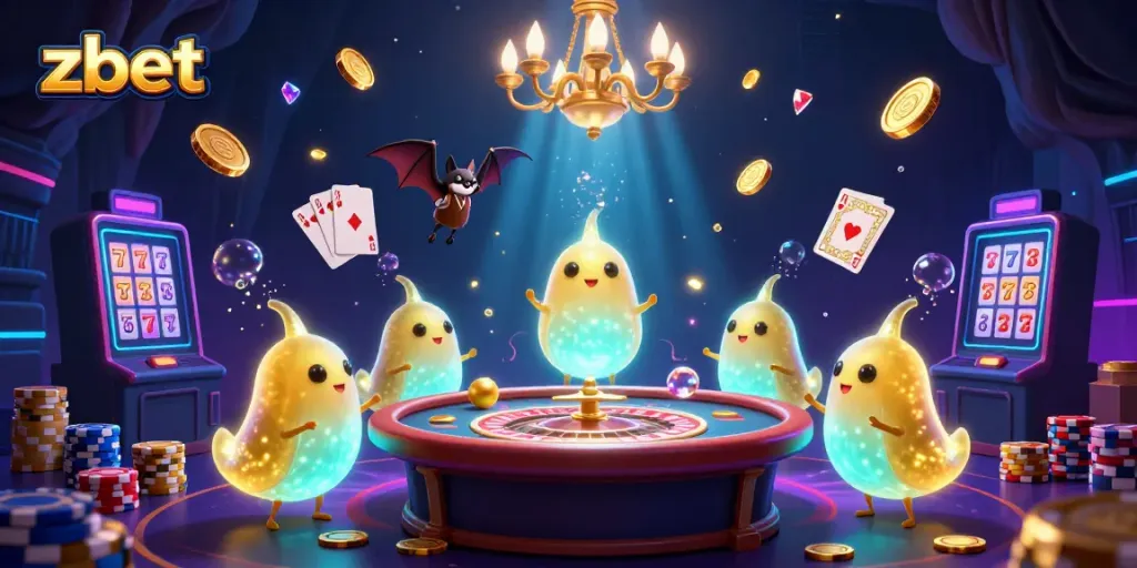 Experience the vibrant zbet gaming scene with glowing worms lighting up a casino cave filled with gold coins.