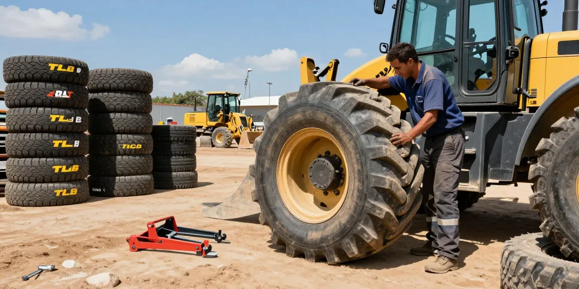 TLB tyres for sale being expertly fitted on a tractor loader backhoe at a busy construction site in Durban.
