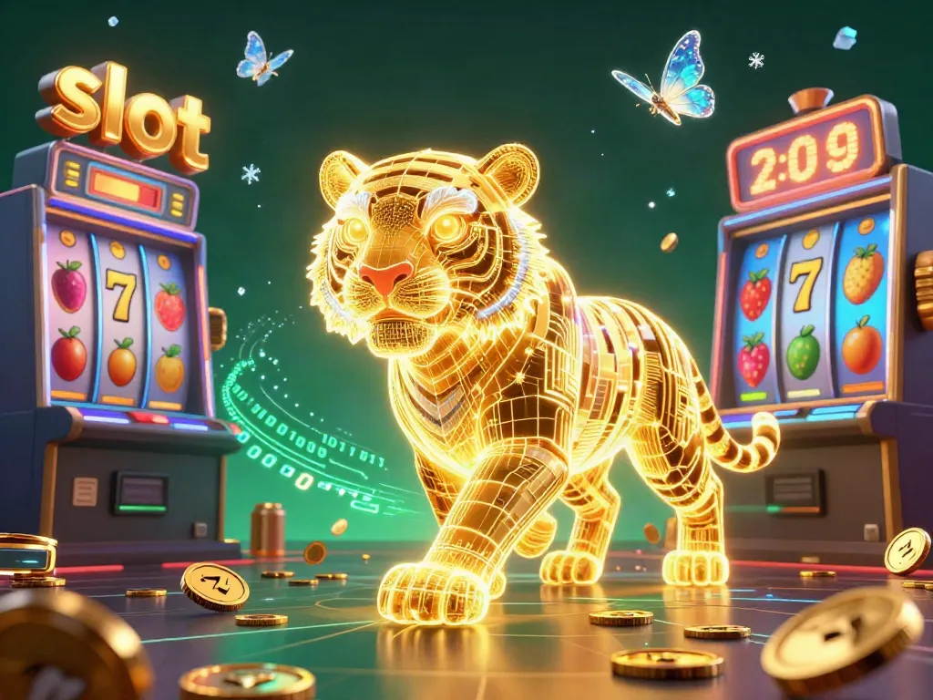 Experience thrilling slot action with a neon golden tiger in a vibrant casino landscape.