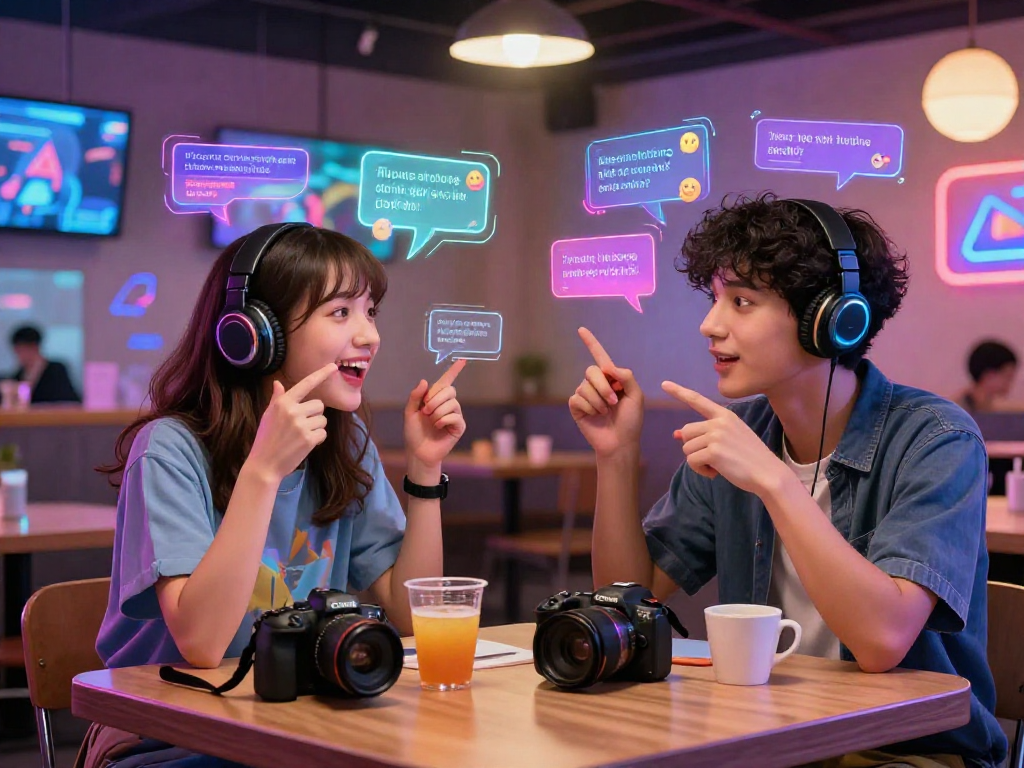 Interactive ai hentai chat scene featuring anime characters in a vibrant digital cafe.
