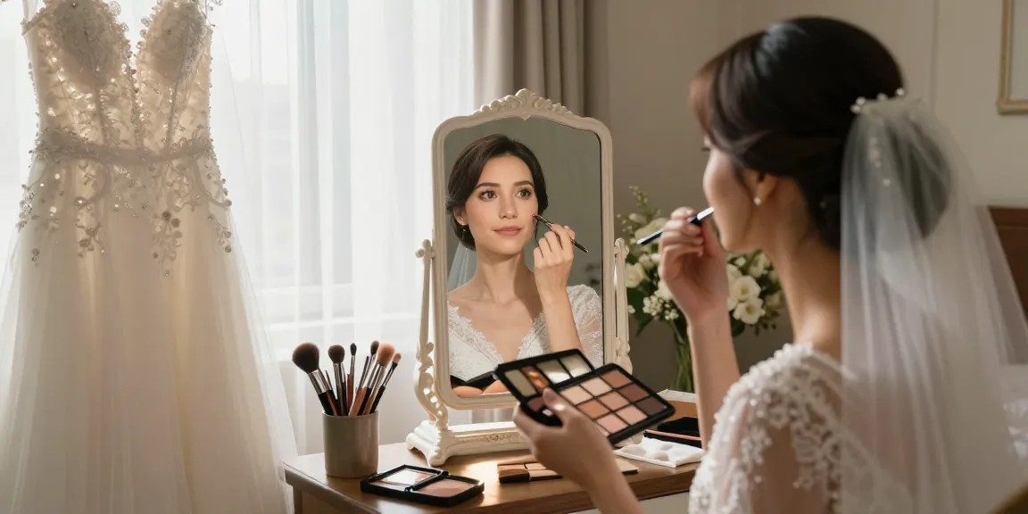 Trucco sposa in un'atmosfera romantica, sposa che si prepara in camera con accessori e luce naturale.