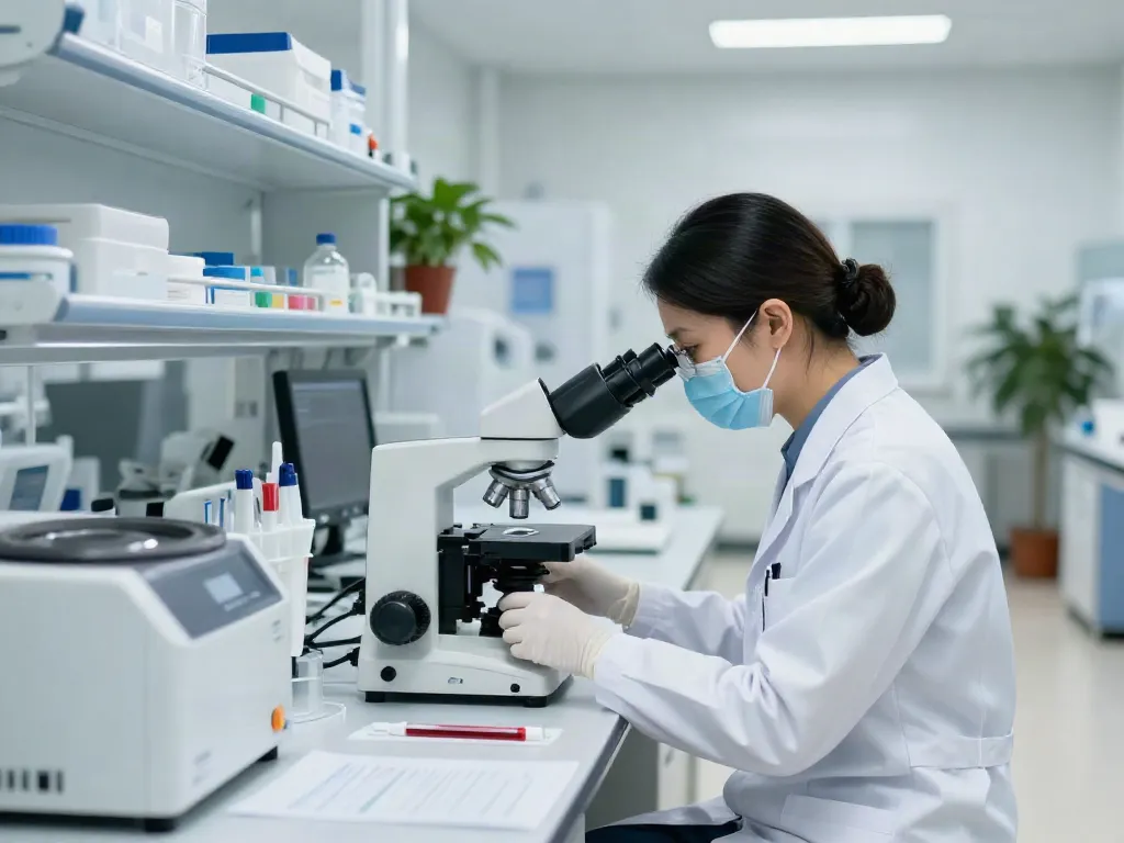 Laboratorios Chihuahua en un entorno clínico, profesional analizando muestras de sangre bajo microscopio.