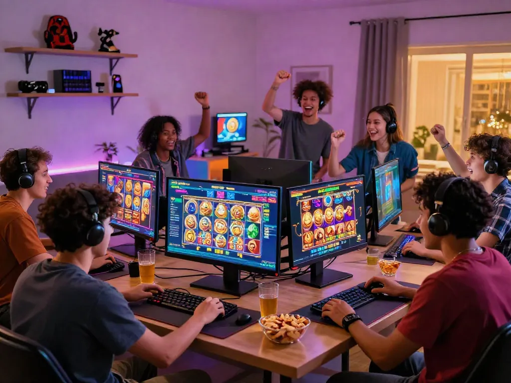 Friends enjoying slot games on a trusted gaming platform in a cozy setting.