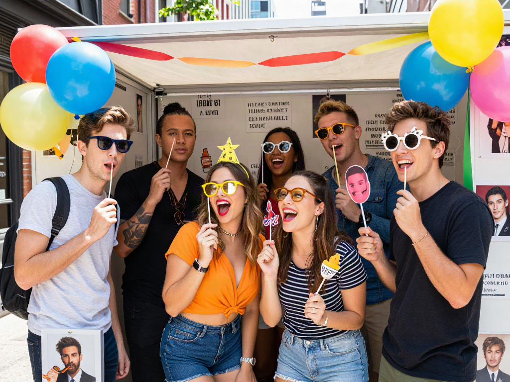 Friends in a celebrity look alike photo booth celebrating fun comparisons.