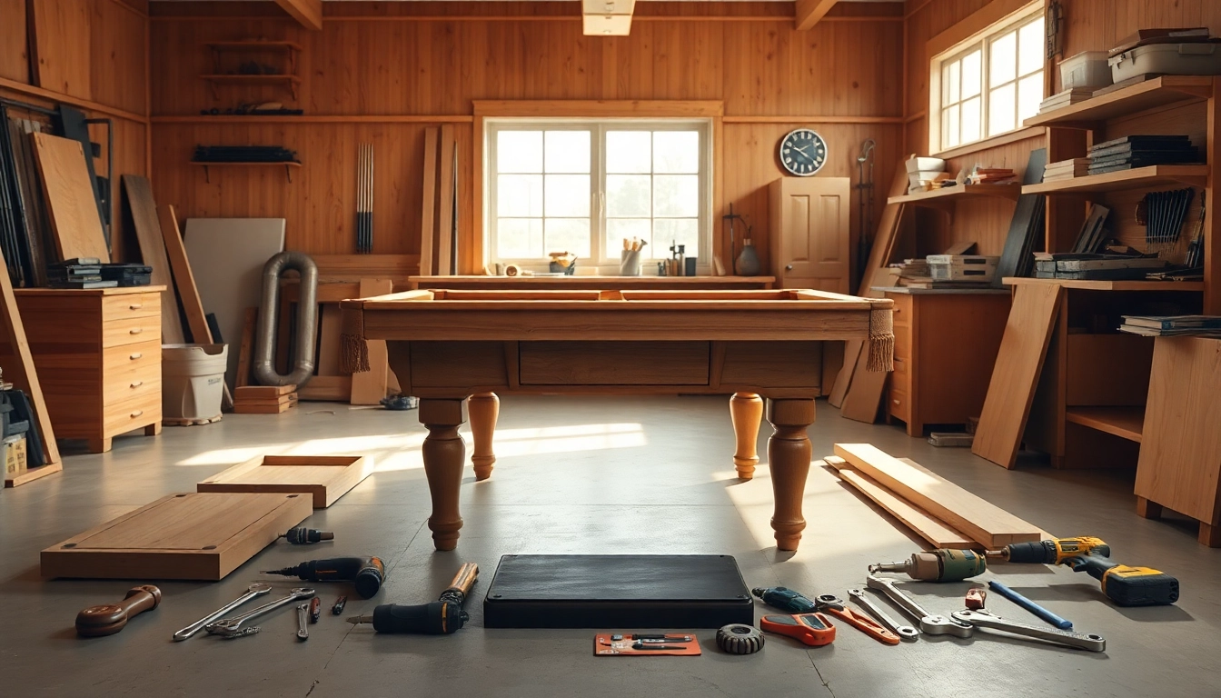 Pool Table Disassembly tools arranged for a smooth disassembly process in a bright workshop.