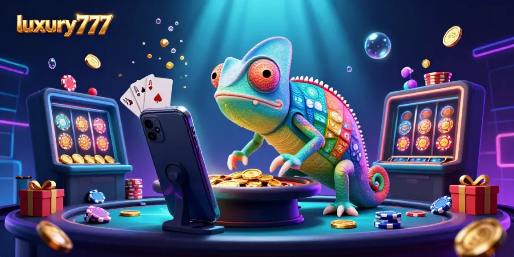 Experience luxury777 with an engaging chameleon casino owner and vibrant gaming elements