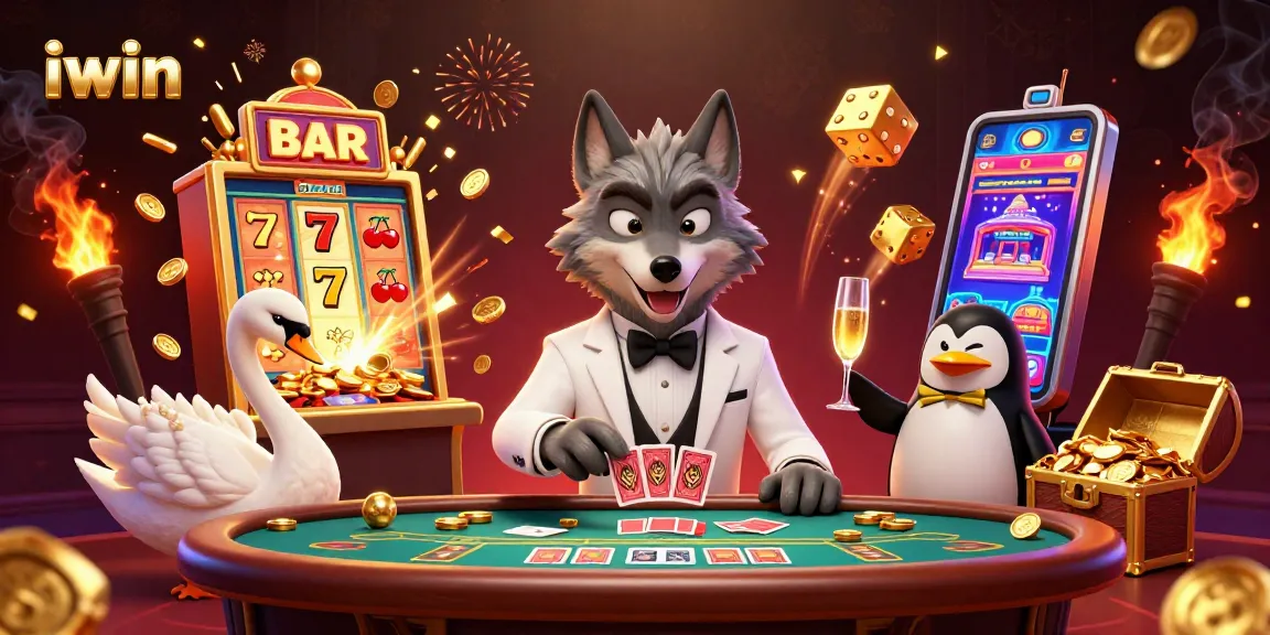 iwin players celebrate wins at a luxurious casino with a 3D wolf, swan dealer, and penguin sommelier.