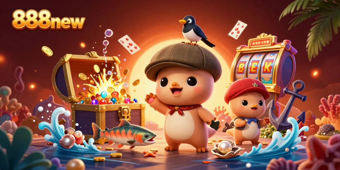 Experience the thrill of 888new with vibrant 3D characters amidst casino excitement and treasure.