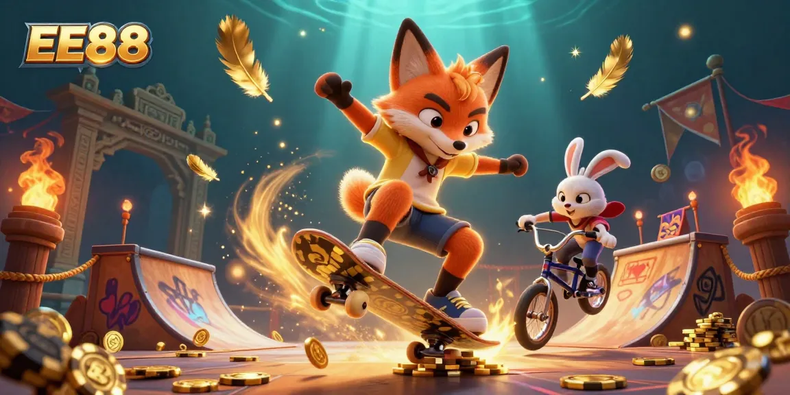 EE88 showcases a vibrant scene with a fox and rabbit in a dynamic casino atmosphere, full of action and color.