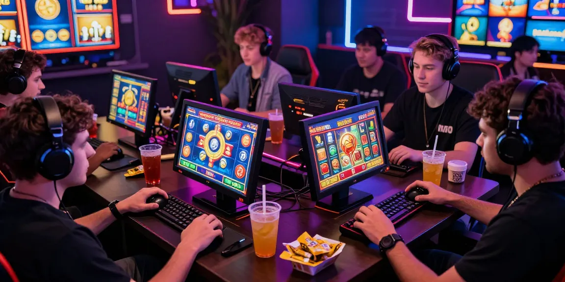 Pemain dengan penuh semangat menikmati permainan slot88 online di lingkungan yang ceria dengan minuman energi dan makanan ringan.