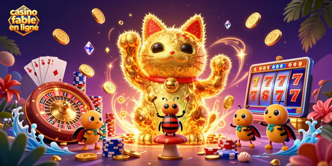 Jouez à des jeux de casino fiable en ligne avec ce chat porte-bonheur lumineux, symboles de chance et jetons colorés.