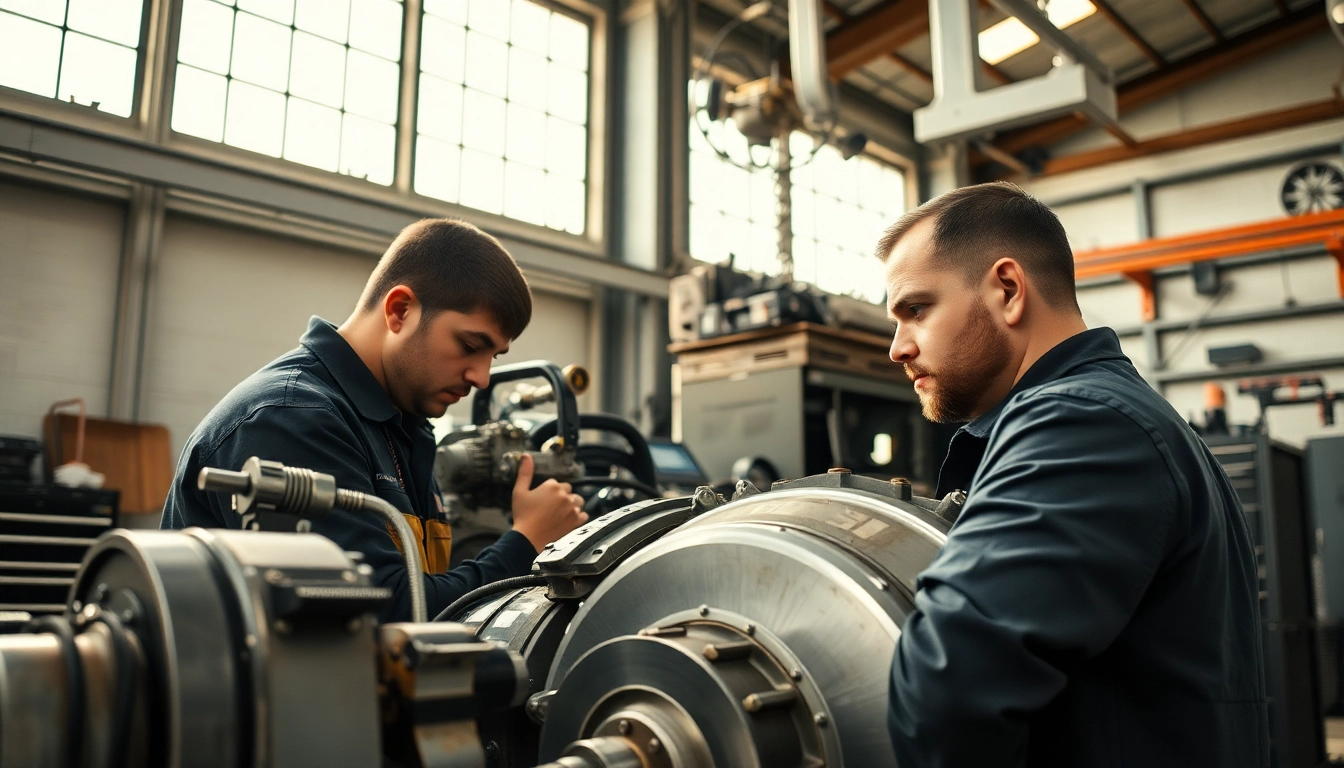 Technician performing equipment service on heavy machinery, emphasizing precision and professionalism.