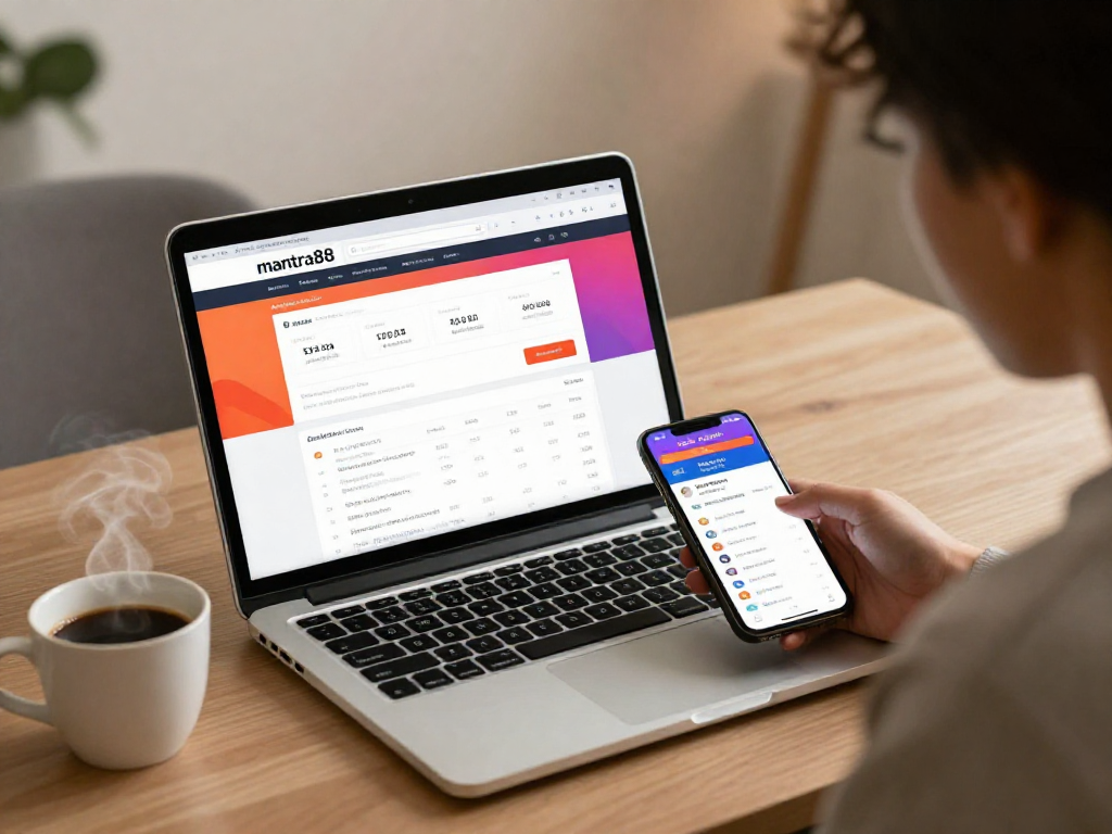 User accessing mantra88 login on a sleek laptop in a modern workspace setting.